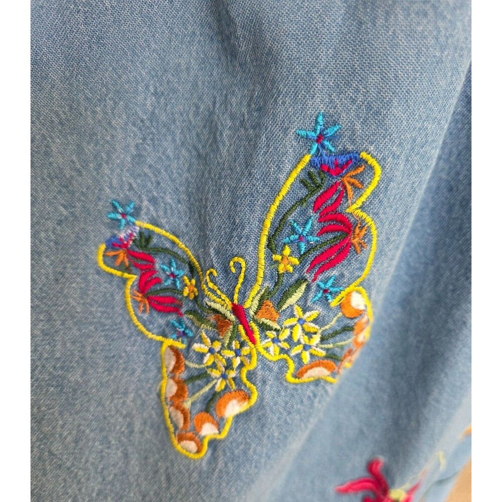 Vintage Gunit Fashions New York Embroidered Denim Dress L Cotton Butterflies - Picture 5 of 8